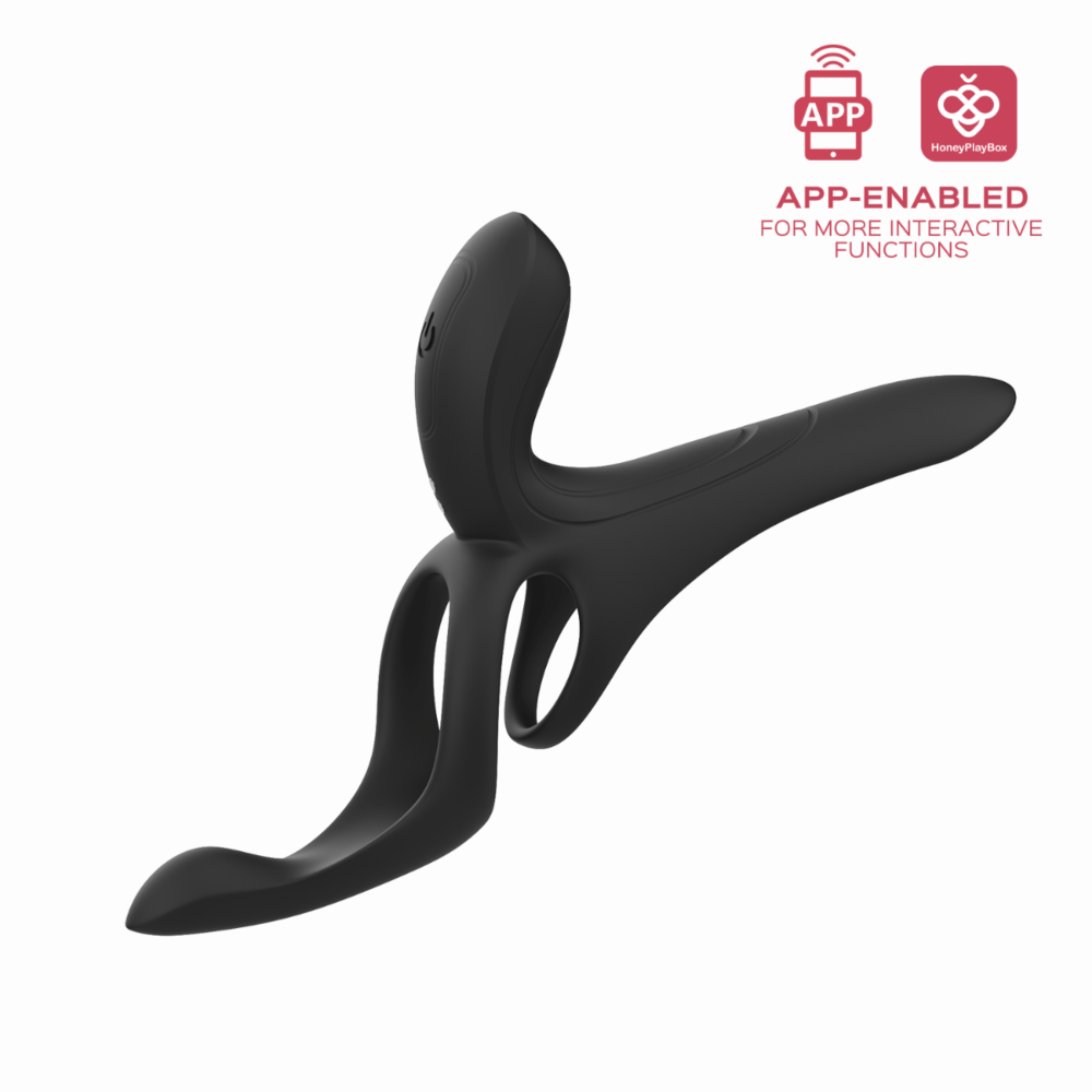 Black app-controlled vibrating cock ring and sleeve.
