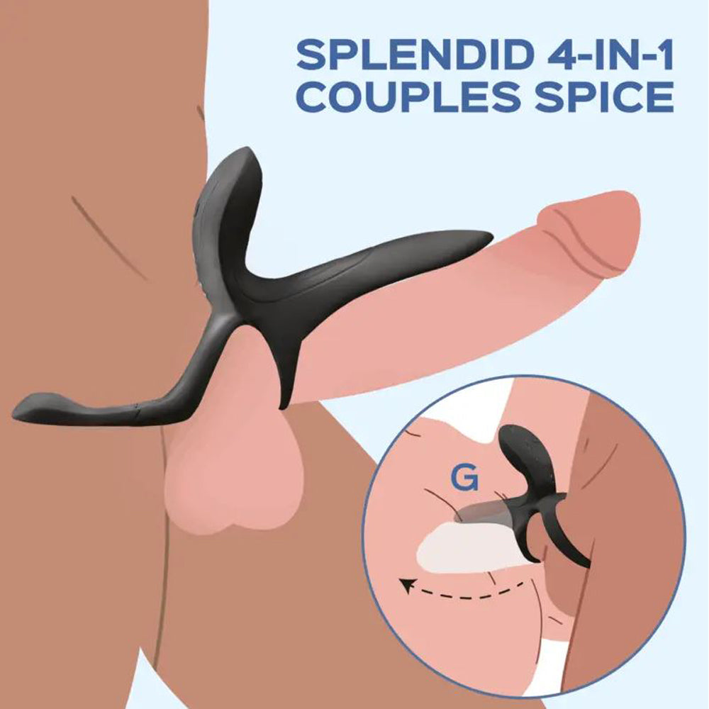 App-controlled vibrating cock ring and sleeve for couples, shown on male figure with G-spot stimulator.