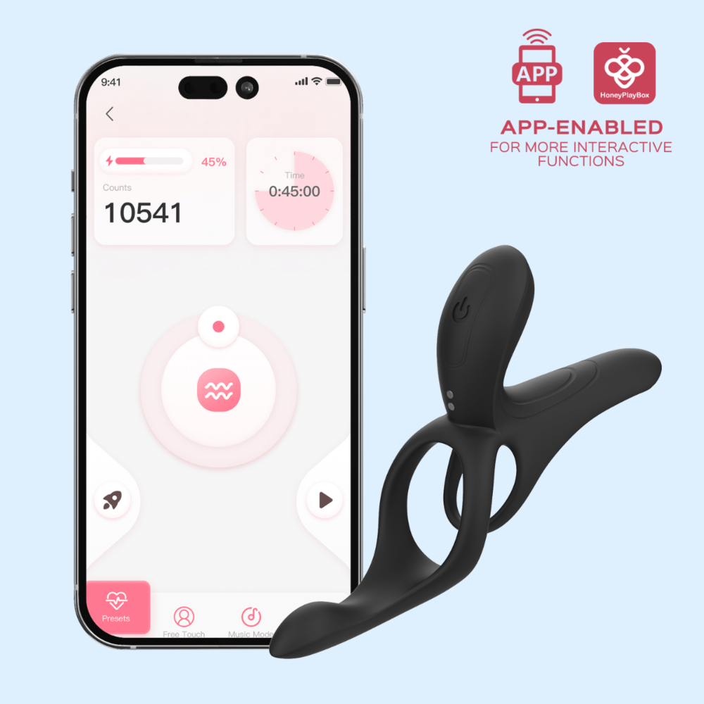 App-controlled vibrating cock ring and sleeve with dual stimulation.