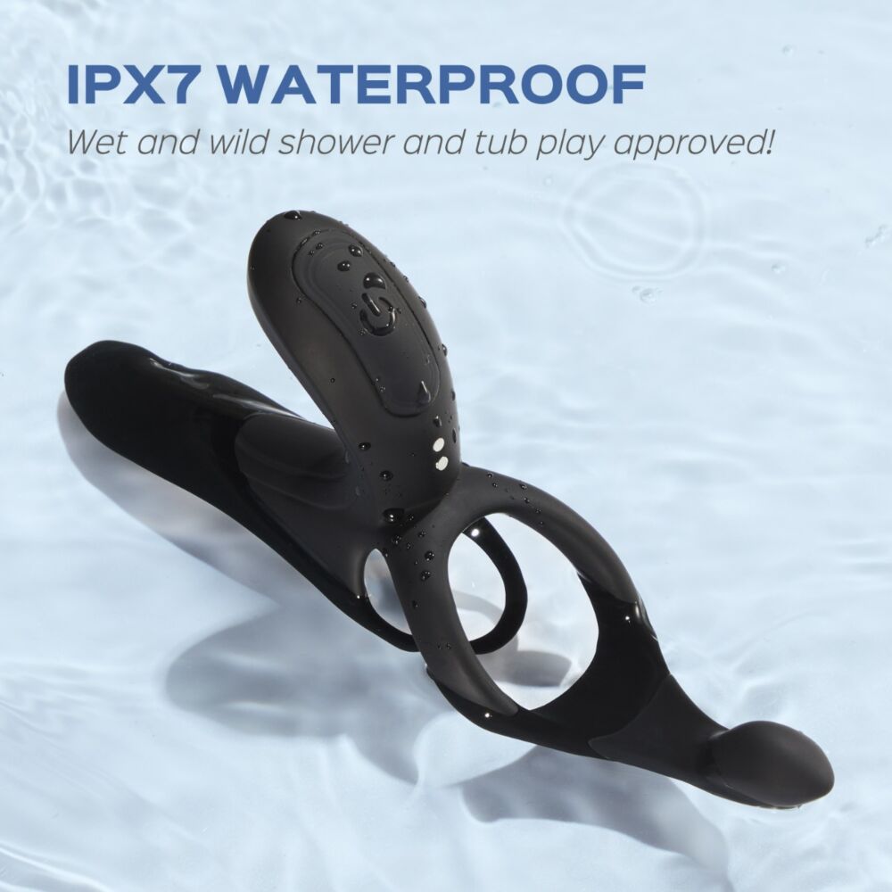 Black vibrating cock ring and sleeve with water droplets.