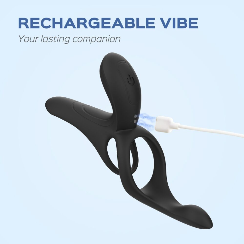 Black vibrating cock ring and sleeve connected to a charger.