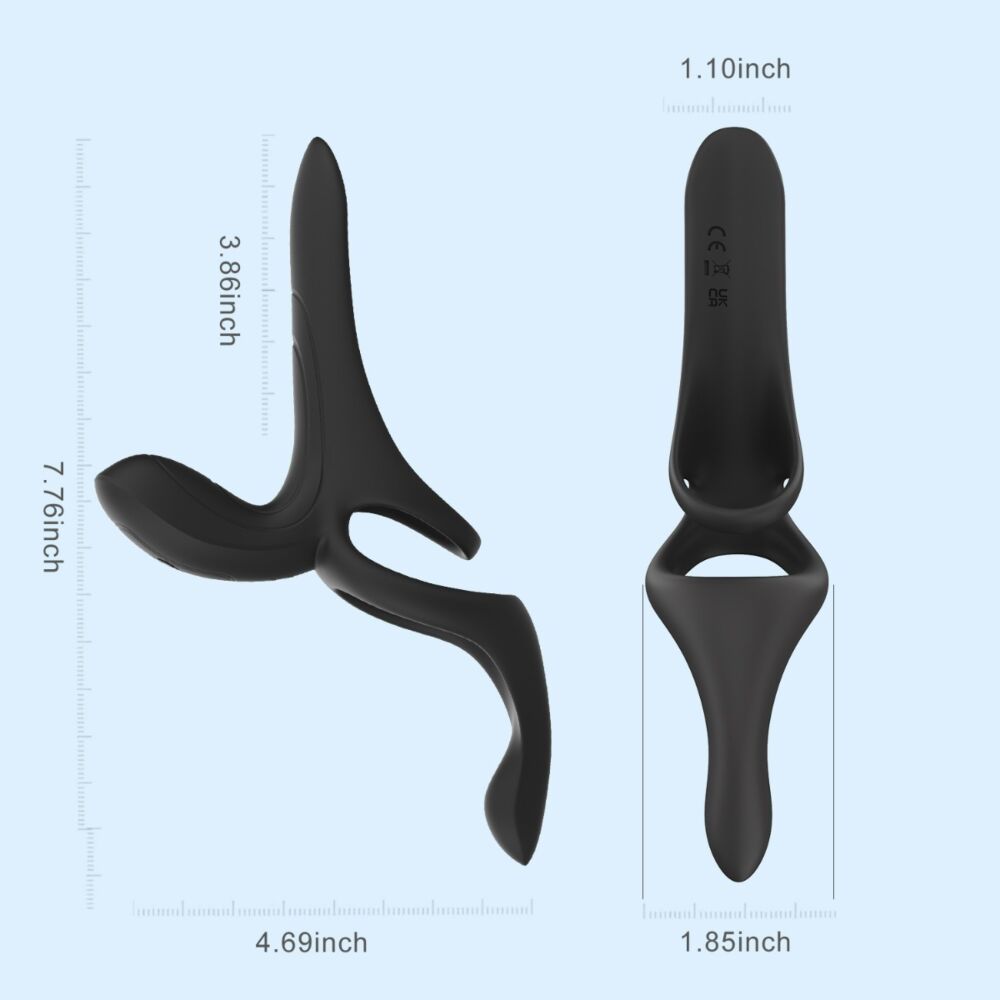 Black vibrating cock ring and sleeve with dimensions labeled.