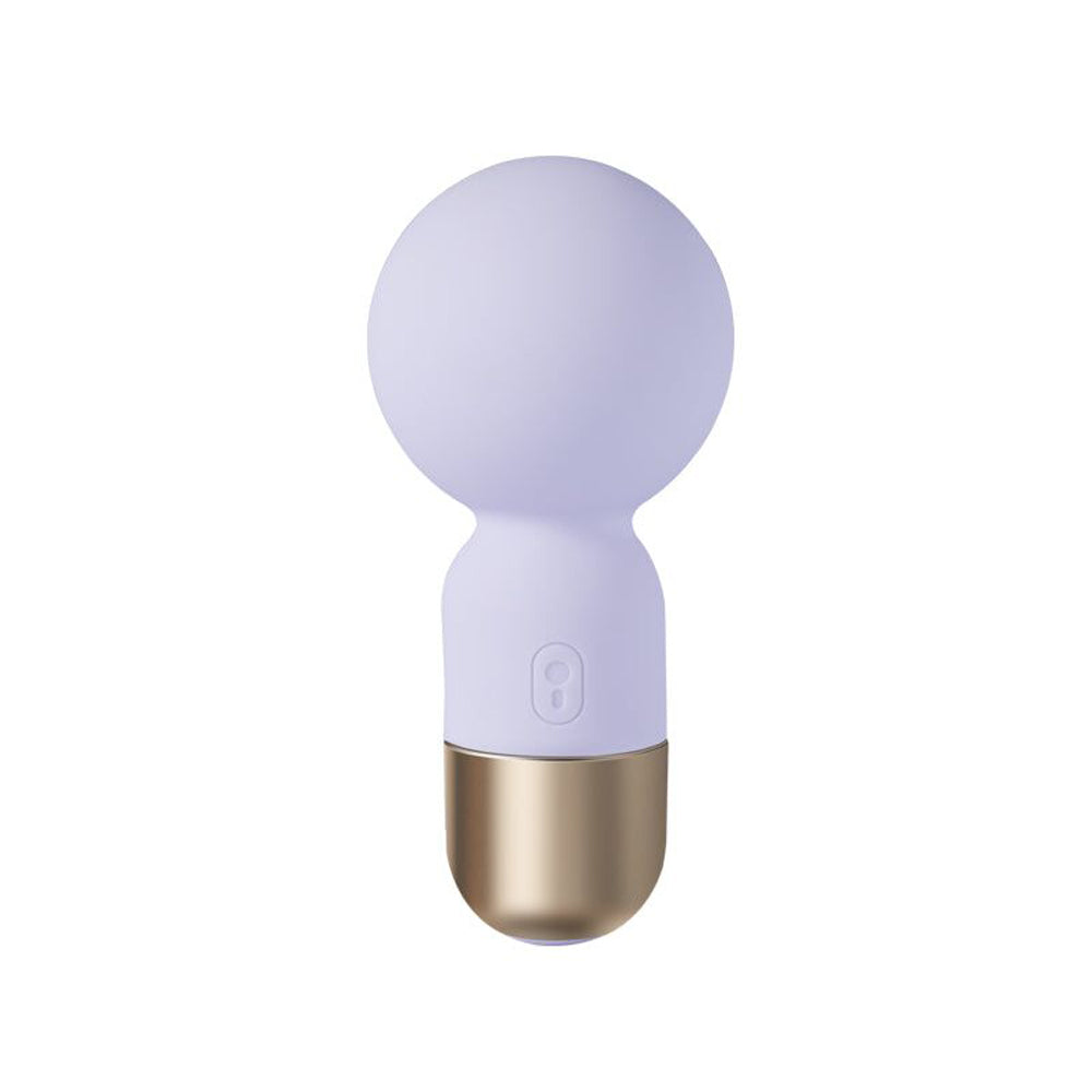 A light purple vibrating wand with a gold base.
