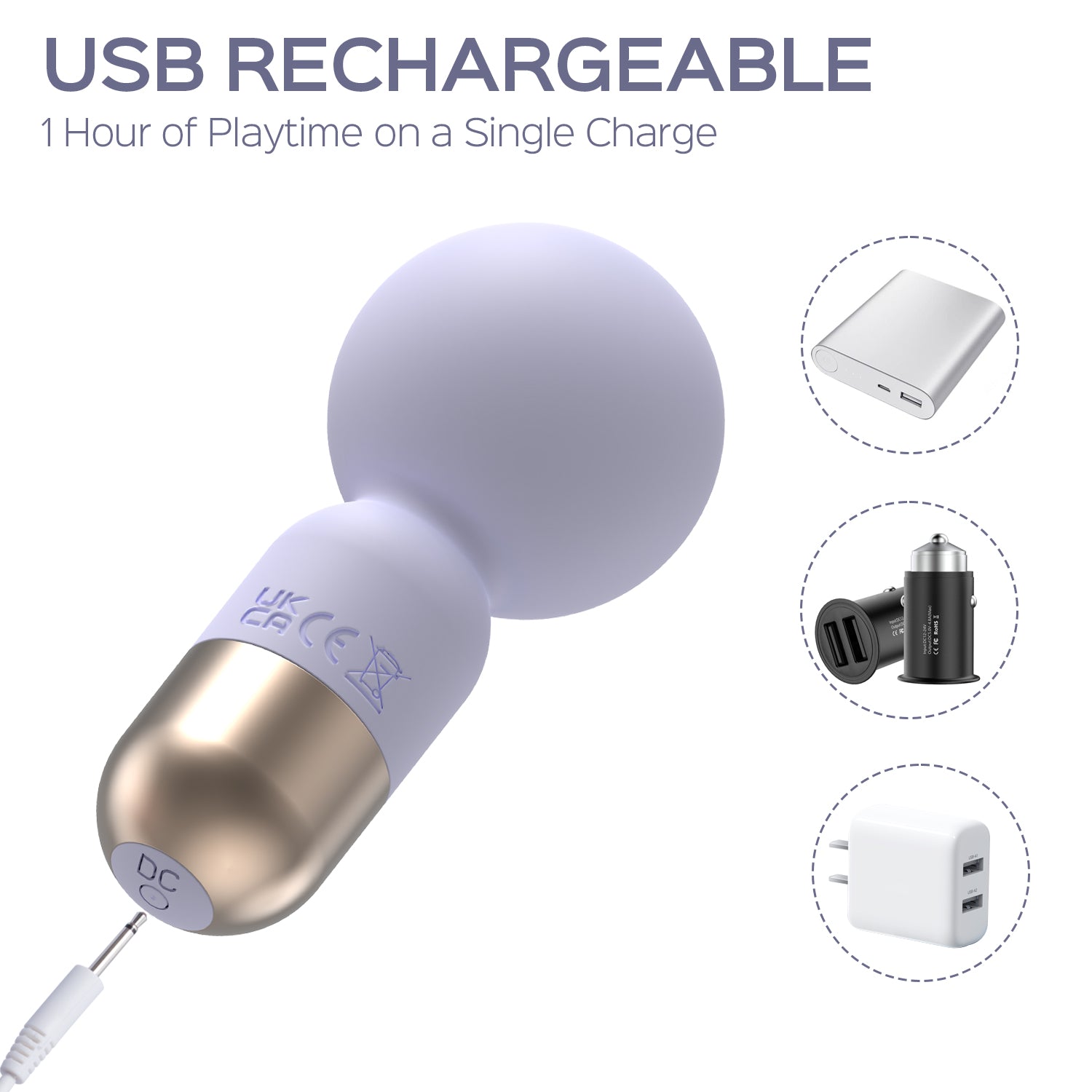 A white and gold USB rechargeable massager with charging accessories.