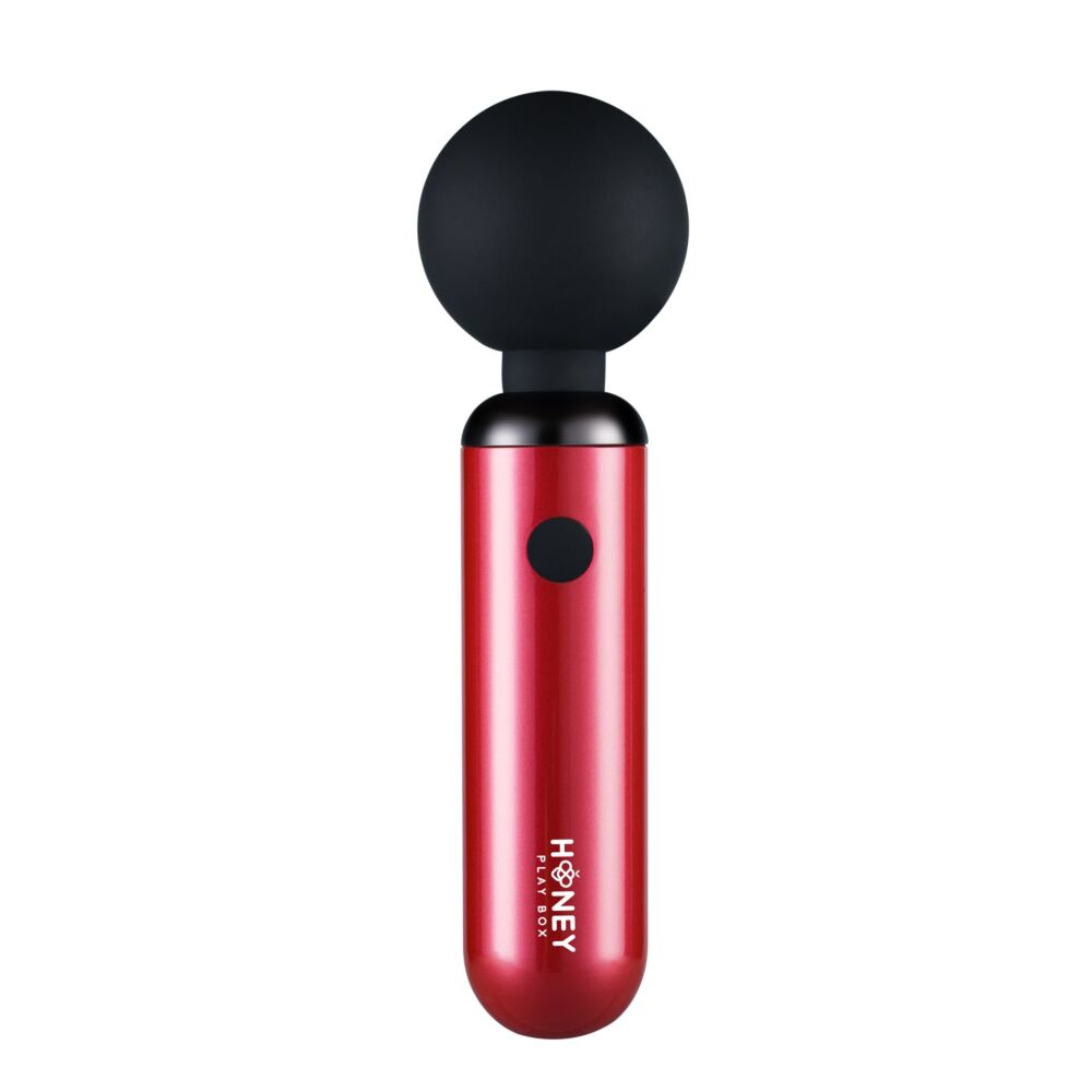 Red rechargeable clitoral wand vibrator with a black ball head and "Honey Play Box" logo.