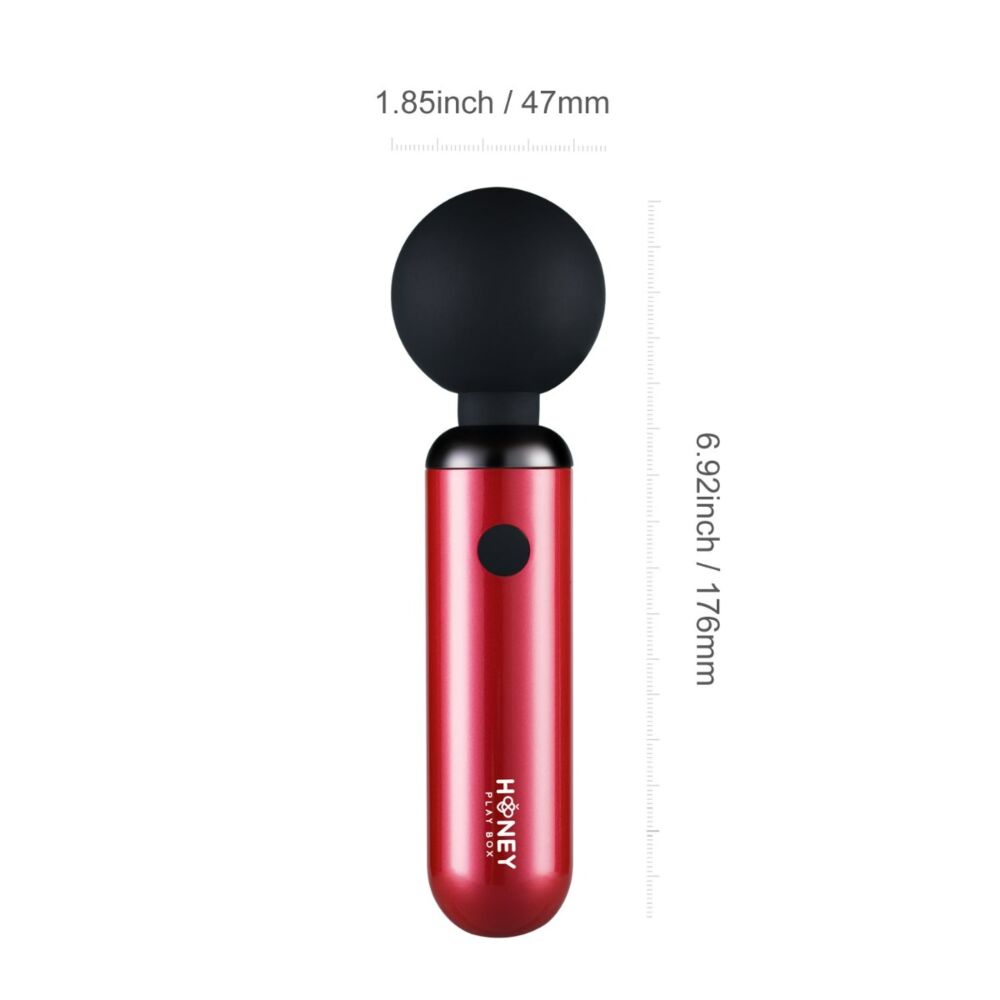 Red clitoral wand vibrator with a black ball head and a power button.