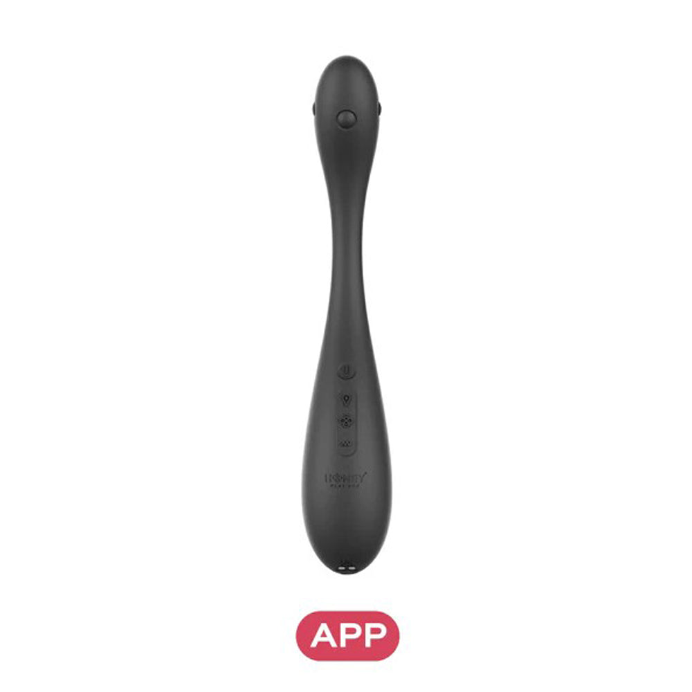 A black, app-enabled inflatable Kegel trainer with buttons and a logo.