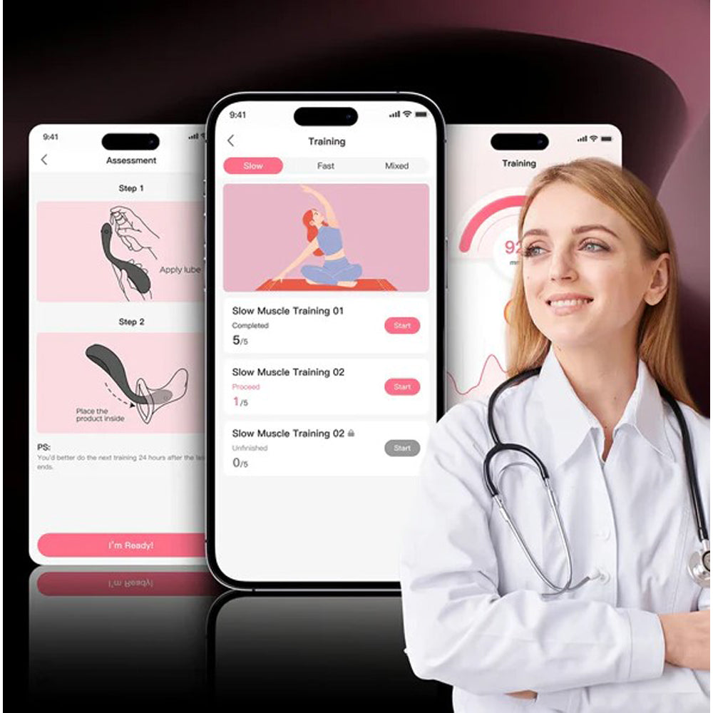 Aira Puff app-enabled inflatable kegel trainer shown on phone screens with a doctor.