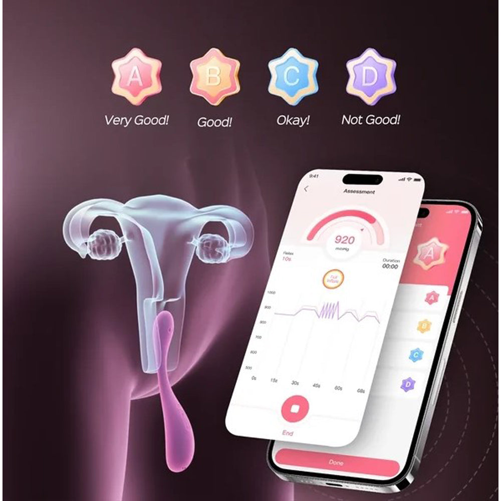 App-enabled inflatable Kegel trainer with a uterus graphic and phone app.