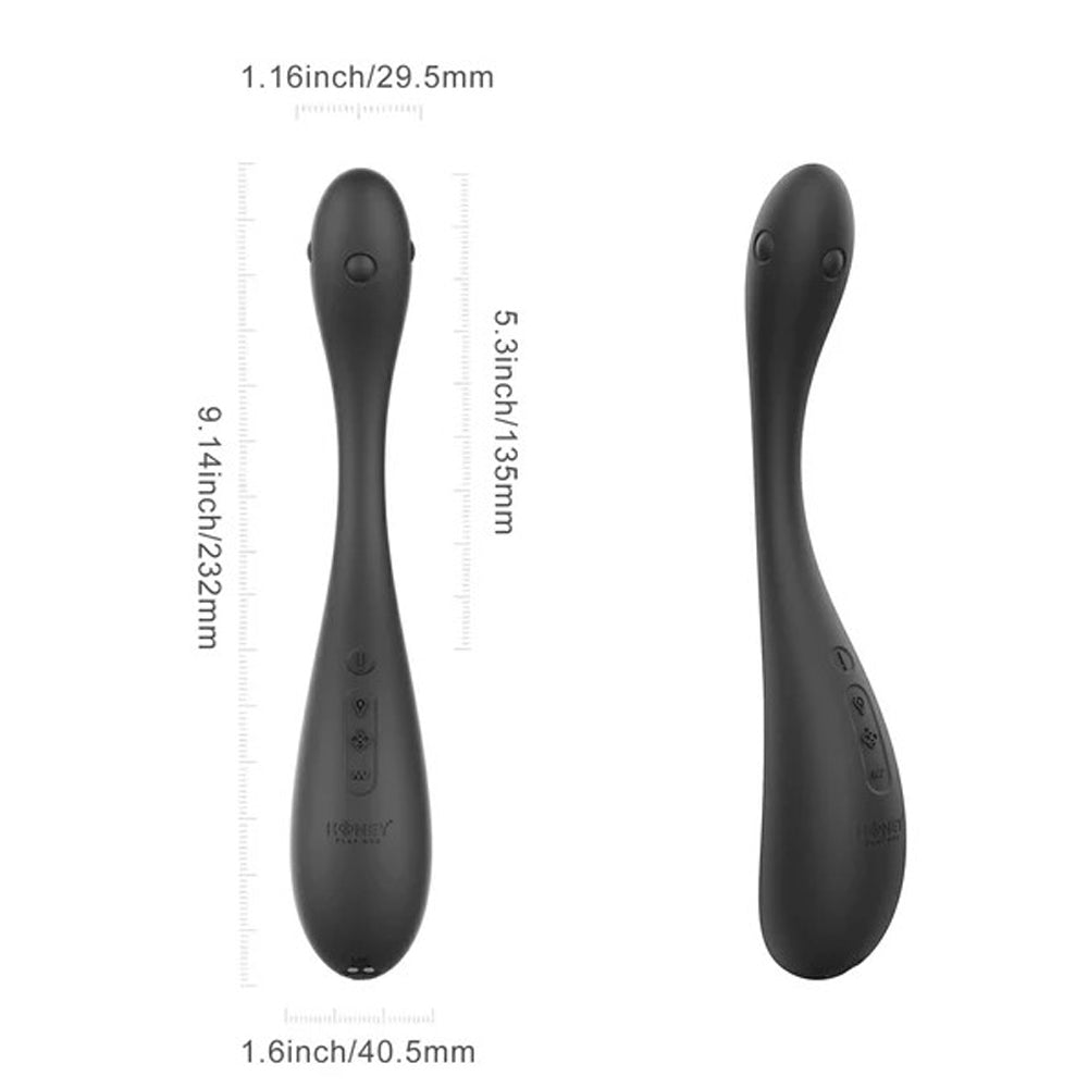 Black inflatable kegel trainer with dimensions shown.