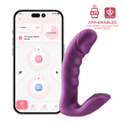 Purple app-controlled vibrator with pressure sensing displayed next to smartphone showing control interface.