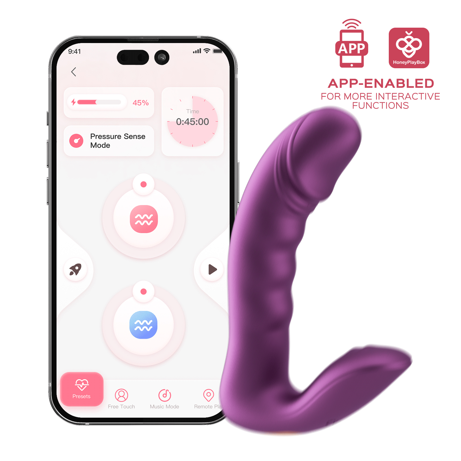 Purple app-controlled vibrator with pressure sensing displayed next to smartphone showing control interface.