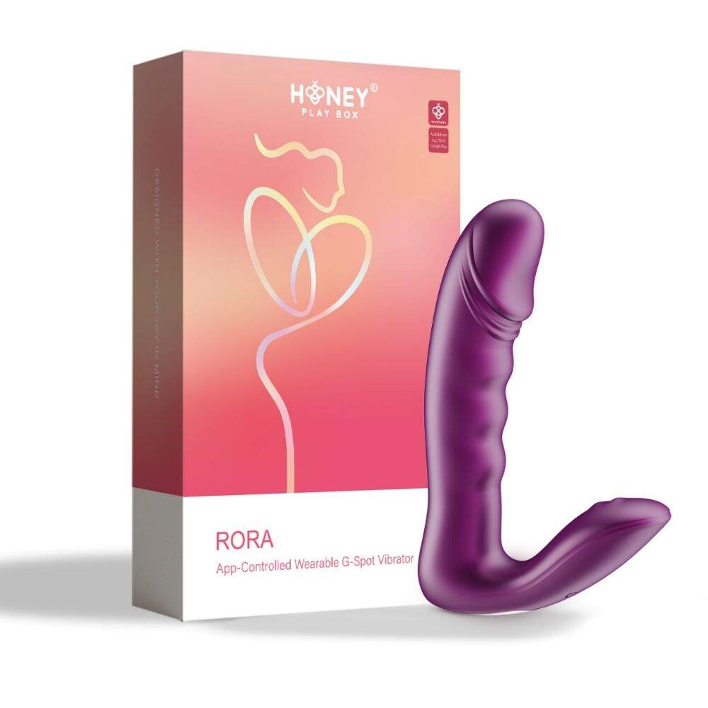 Purple Rora 2 app-controlled G-spot vibrator with pressure sensing, shown with its pink Honey Play Box packaging.