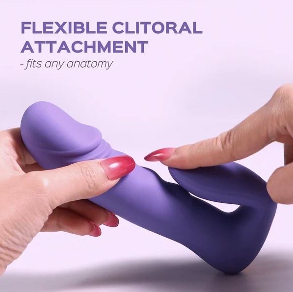 A purple dual stimulator vibrator with a flexible clitoral attachment.