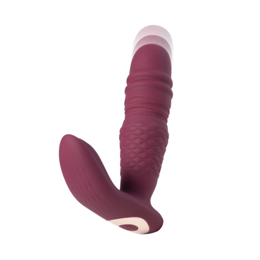 A plum-colored vibrator with a textured shaft and a curved clitoral stimulator.