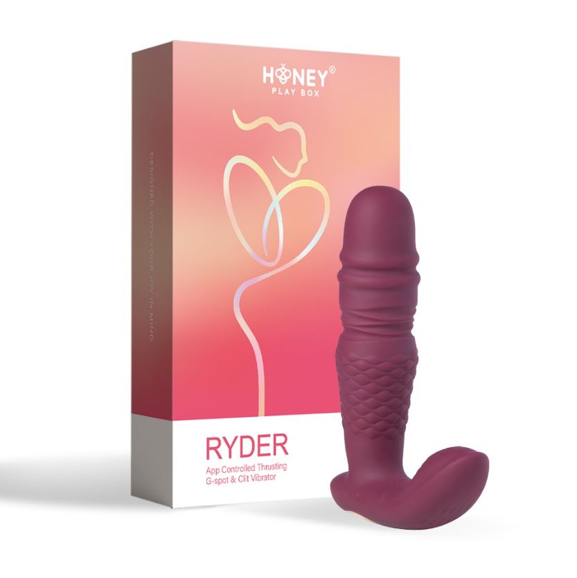A purple G-spot vibrator with a textured shaft and curved base, next to its box.