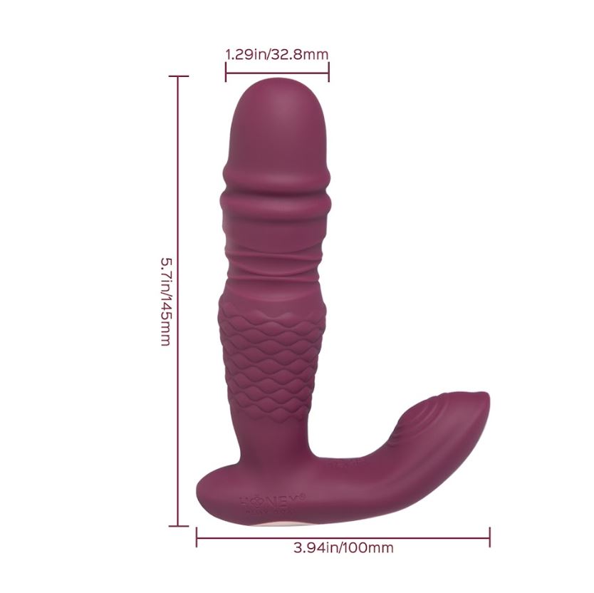 Purple silicone thrusting G-spot vibrator with app control, curved shaft, and clitoral stimulator, shown with dimensions.