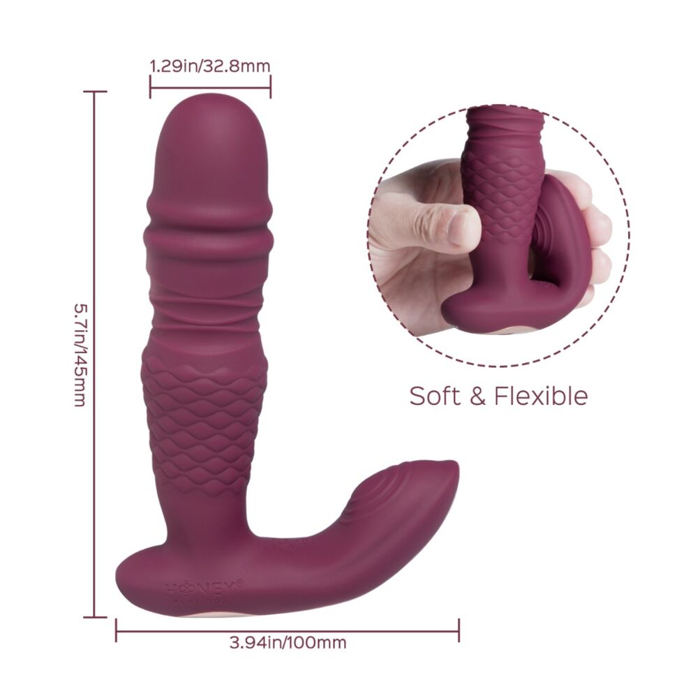 Purple silicone thrusting G-spot vibrator with app control, curved tip, textured shaft, and clitoral stimulator, measuring 5.66 inches long.