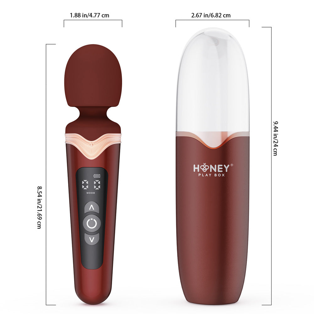 A red heating wand and its charging case are shown with dimensions.