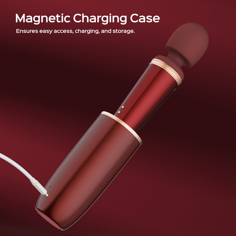 A red heating wand with a charging case and a white charging cable.