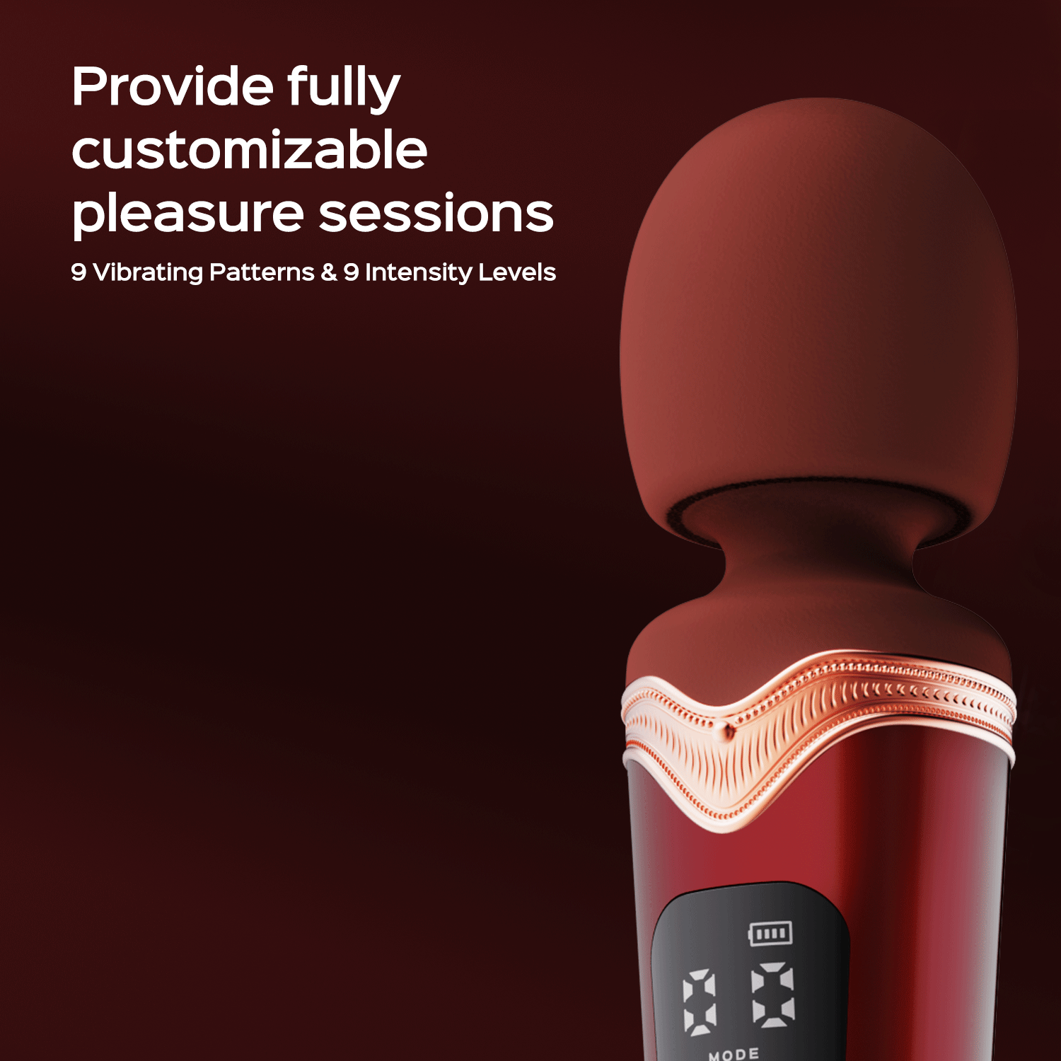 Red wand vibrator with digital display, charging case, and text on 9 patterns and intensities.