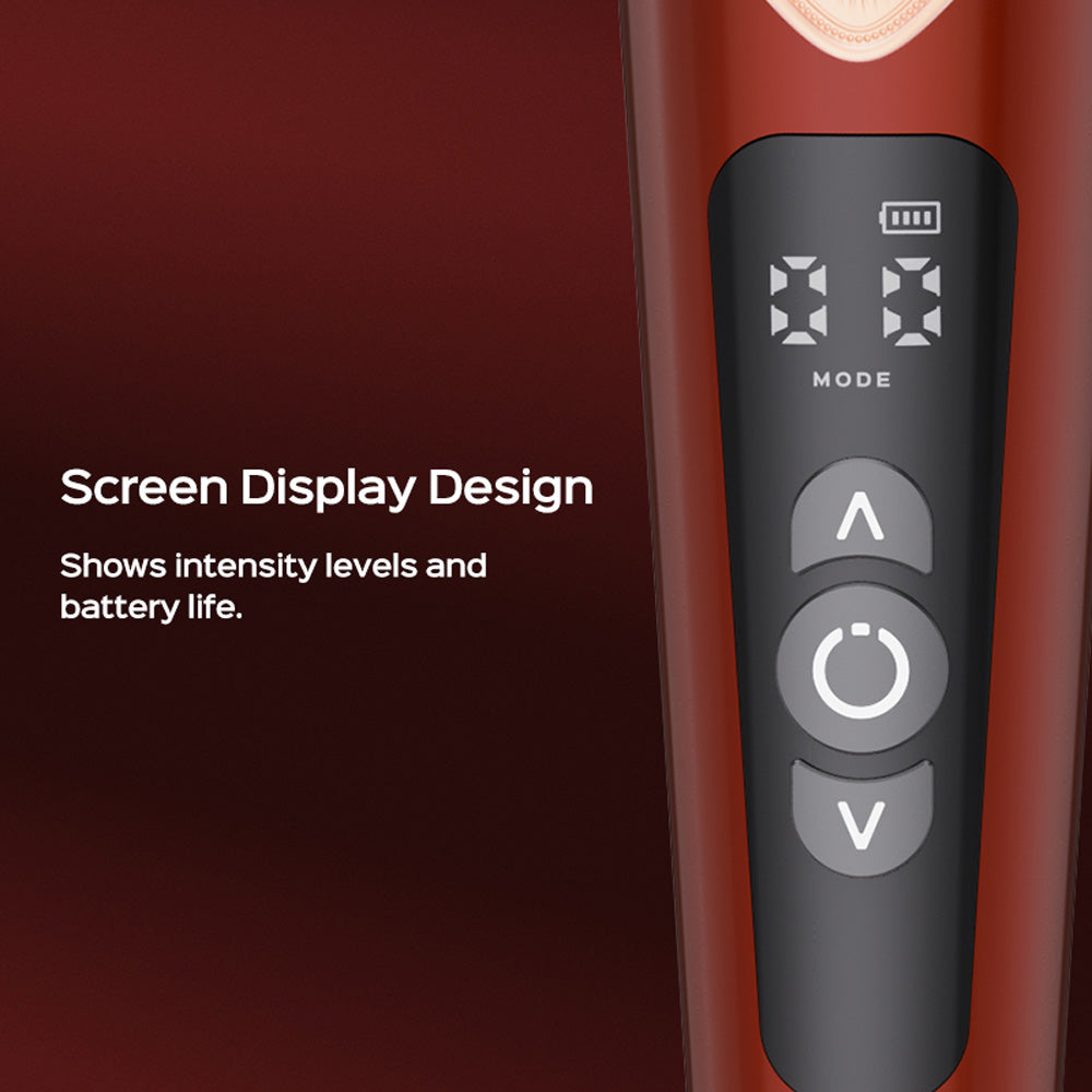 A red heating wand with a digital display showing battery and intensity levels.