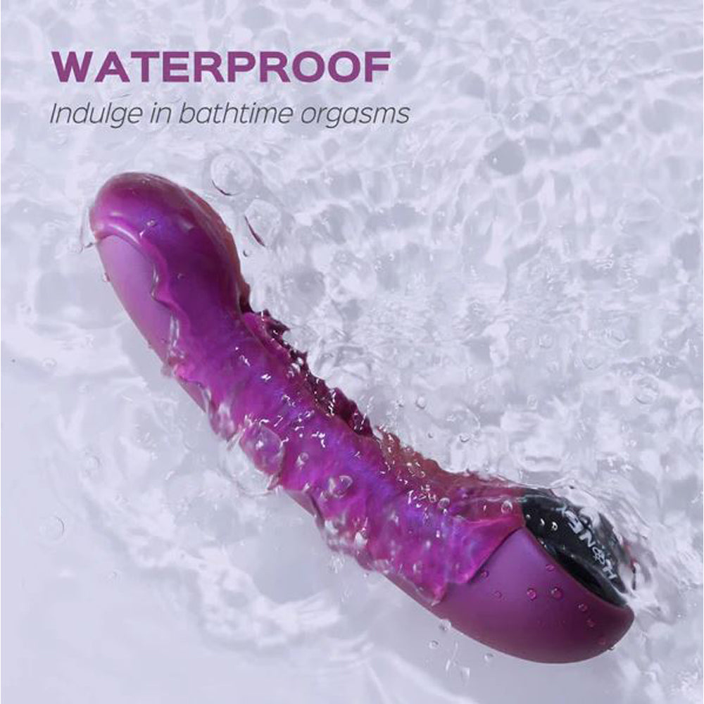 Purple silicone G-spot tapping massager with app control, waterproof, floating in water.