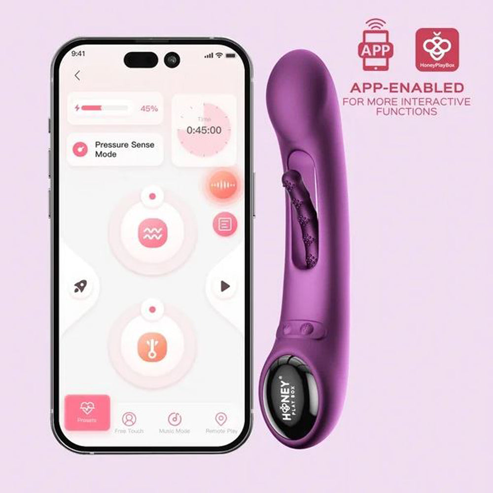 Purple app-controlled G-spot massager with a phone displaying app controls.
