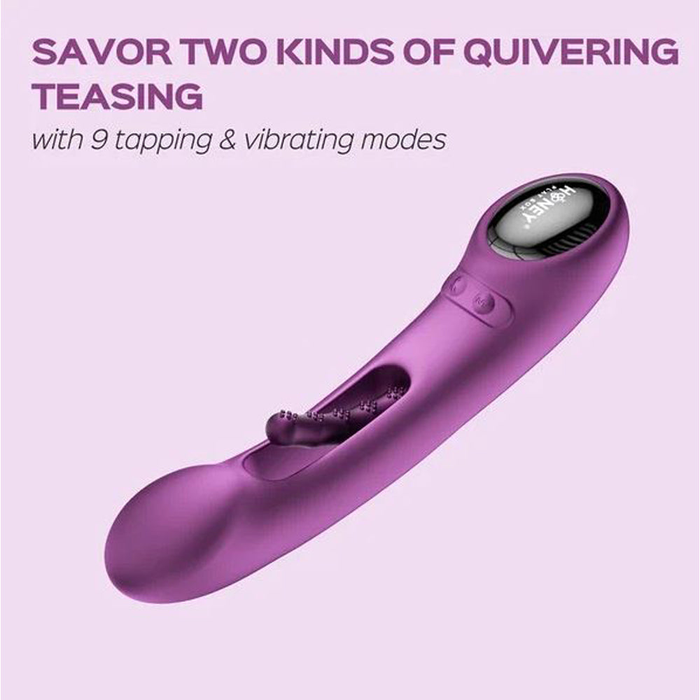 Purple app-controlled G-spot tapping massager with textured tip and digital display.