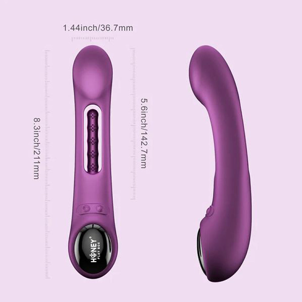 Purple app-controlled G-spot massager with dimensions shown.