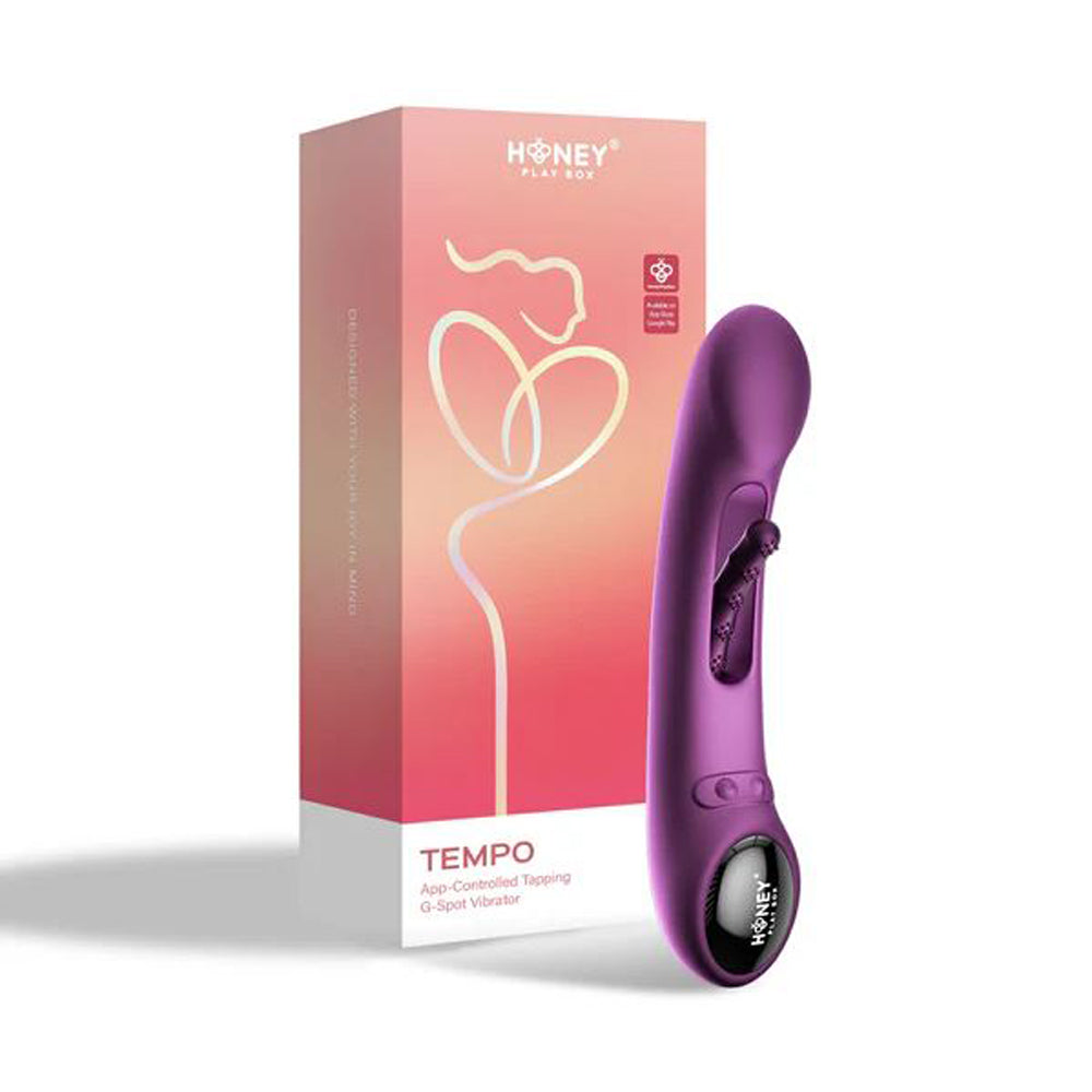Purple app-controlled G-spot tapping massager with a pink and orange box.