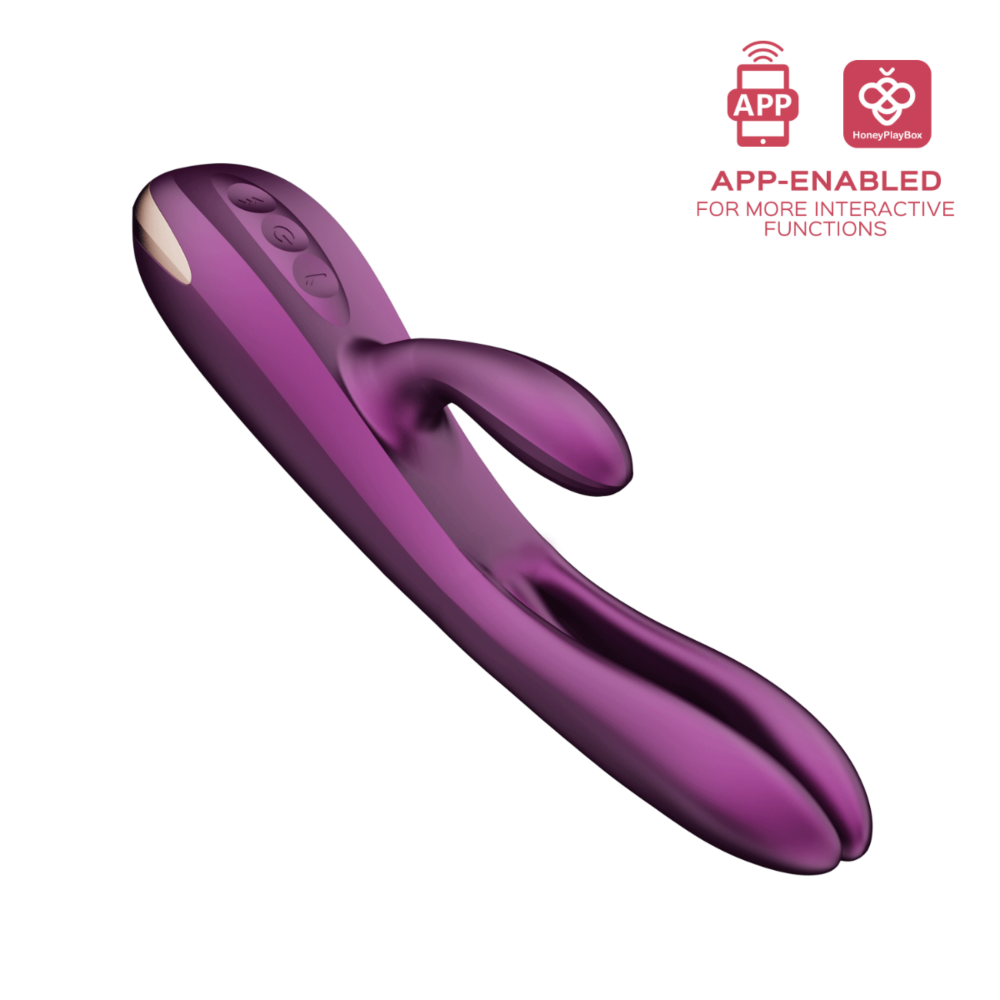 Purple app-enabled G-spot rabbit vibrator with tapping finger.