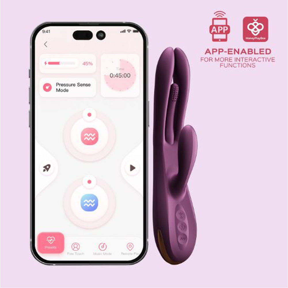Purple app-enabled G-spot rabbit vibrator with tapping finger.