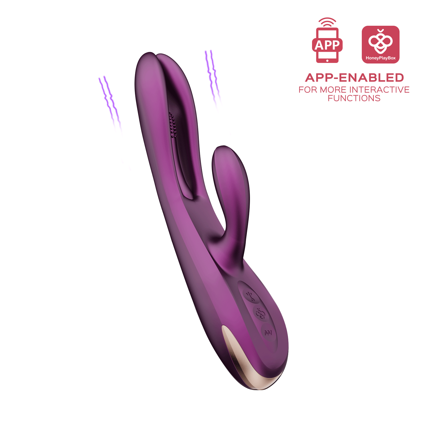 Purple app-enabled rabbit vibrator with G-spot tapping finger and clitoral arm.