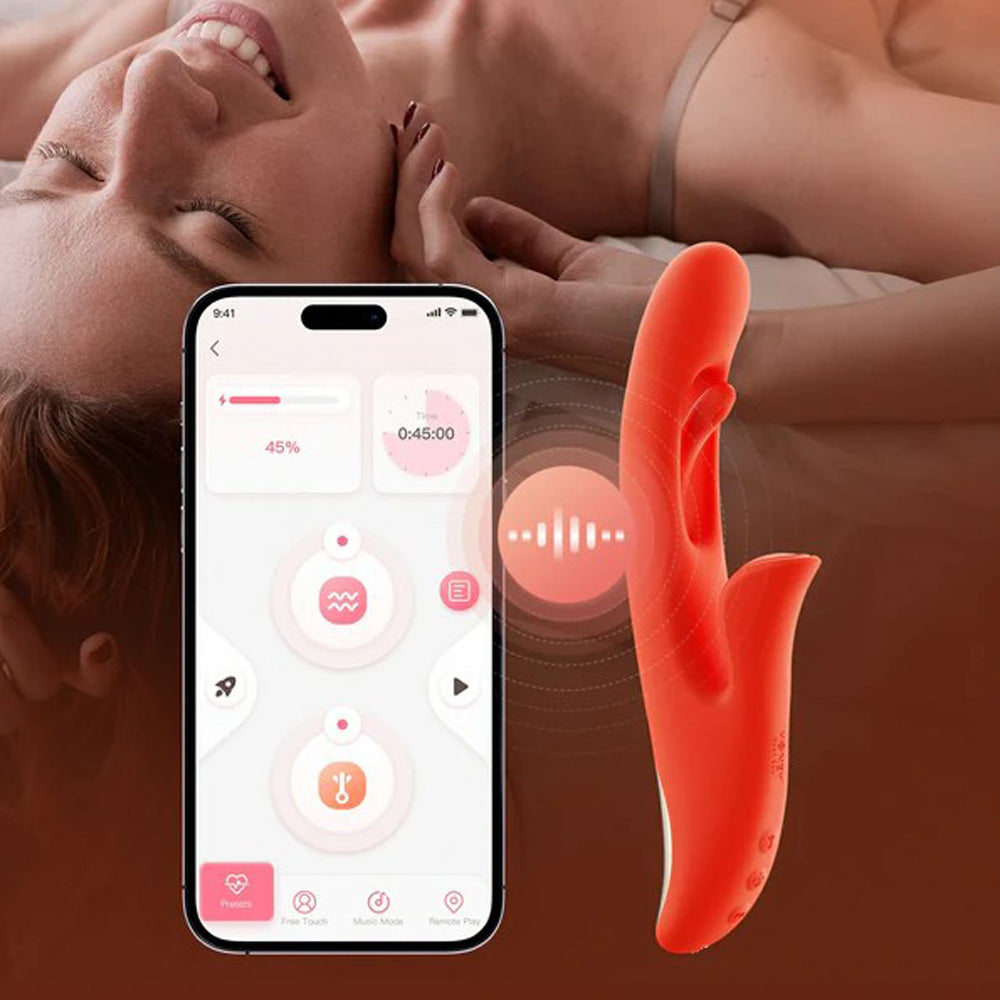 App-enabled orange rabbit vibrator with a phone interface.