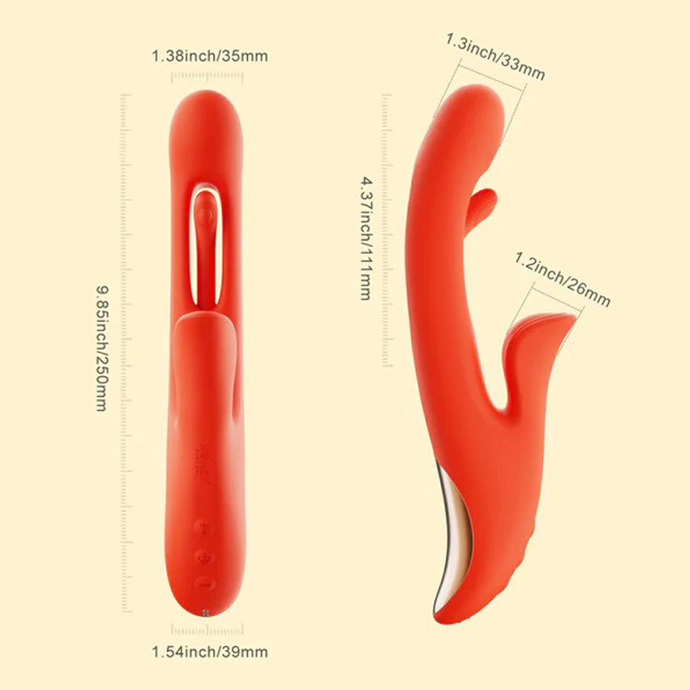 Two red vibrators with measurement labels.