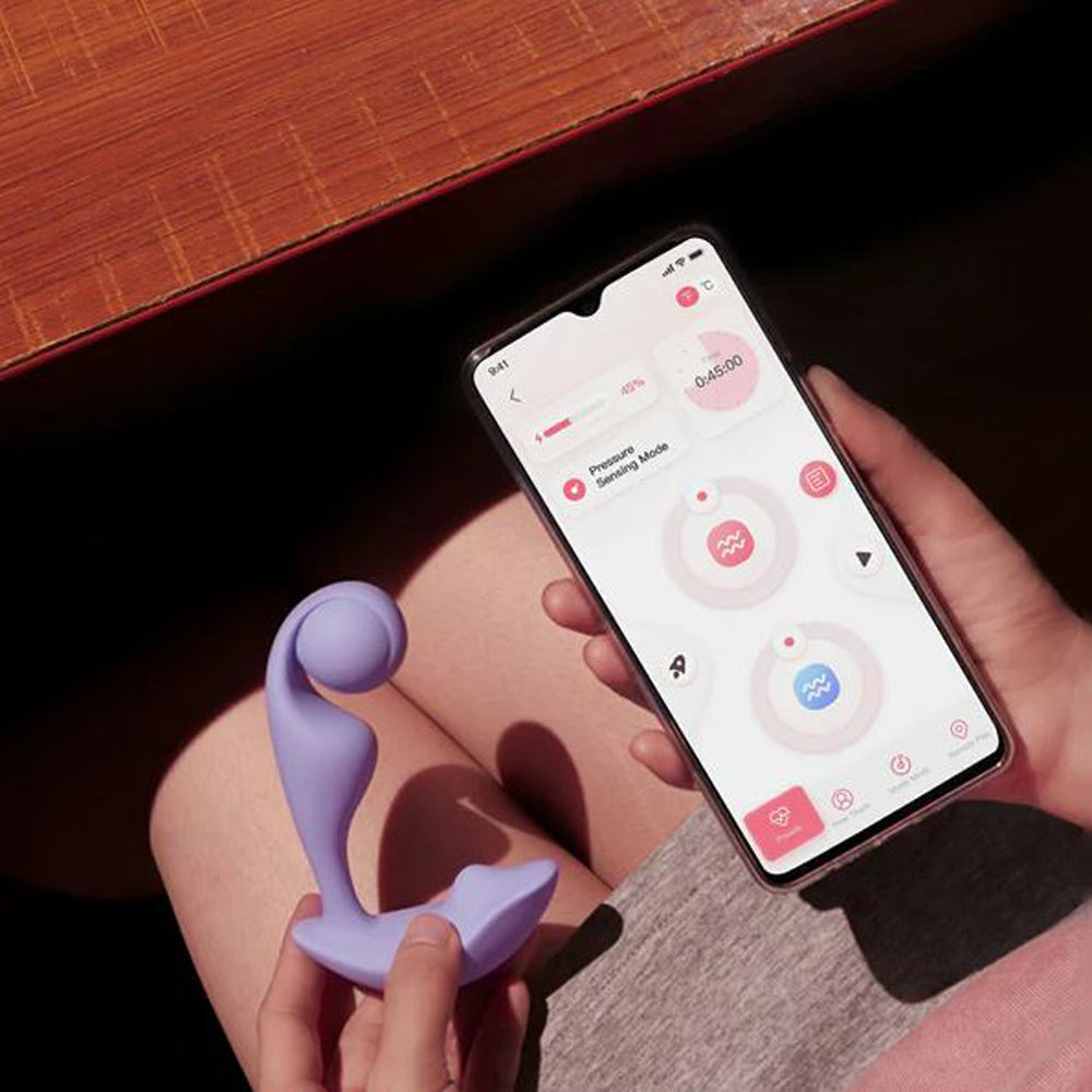 A purple G-spot vibrator with a curved design, controlled by a smartphone app.