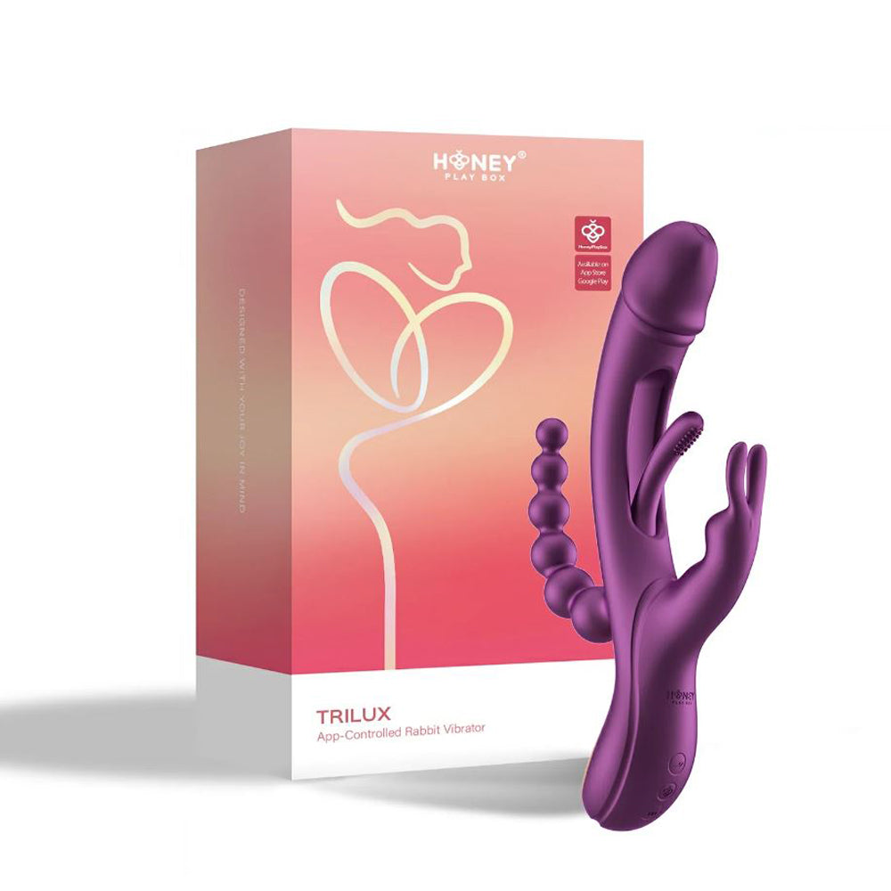 A purple app-controlled rabbit vibrator with anal beads and a box.