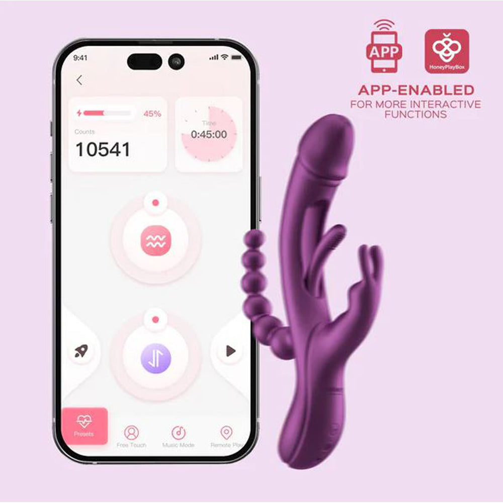 App-controlled purple rabbit vibrator with anal beads shown next to a smartphone app.
