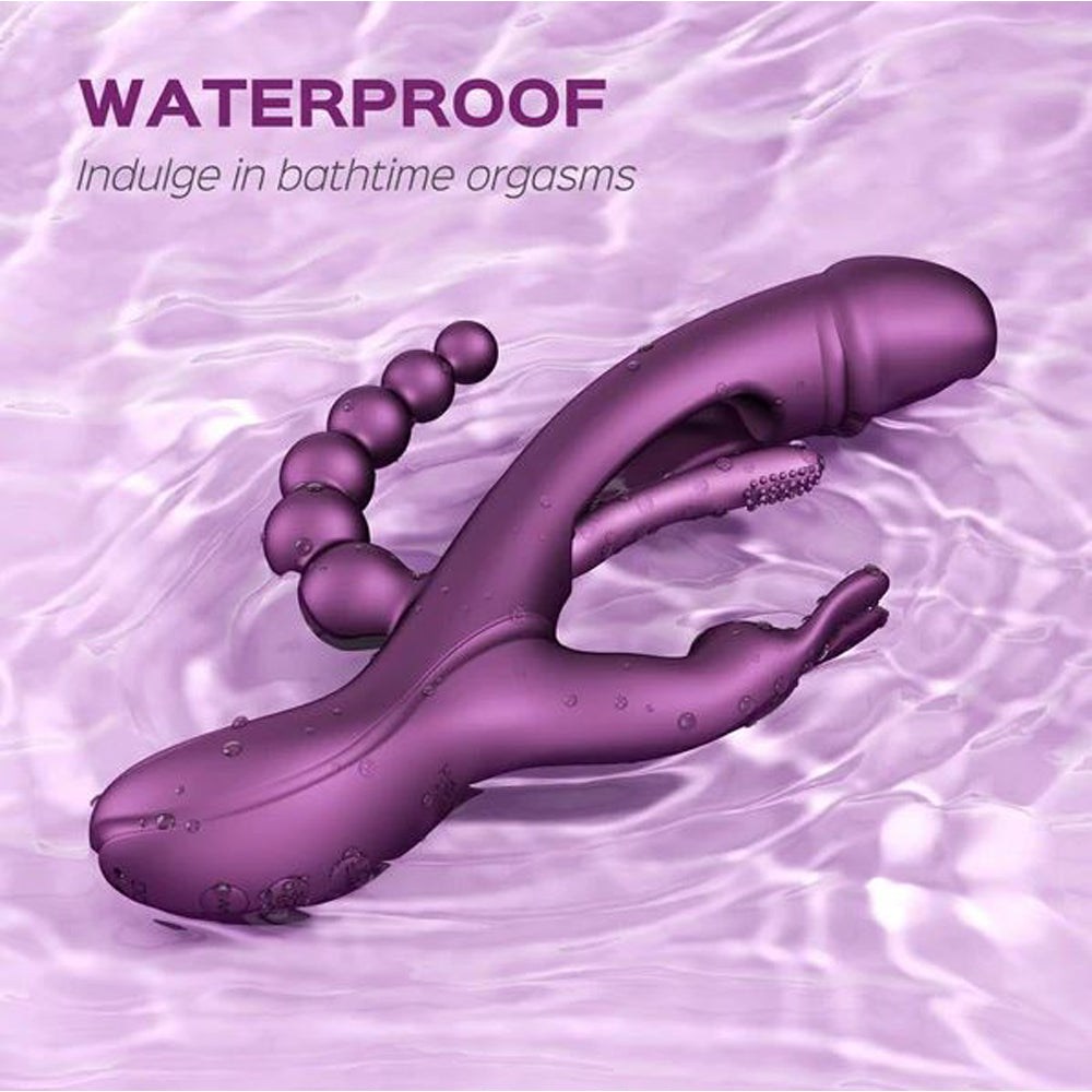 A purple rabbit vibrator with anal beads in water.