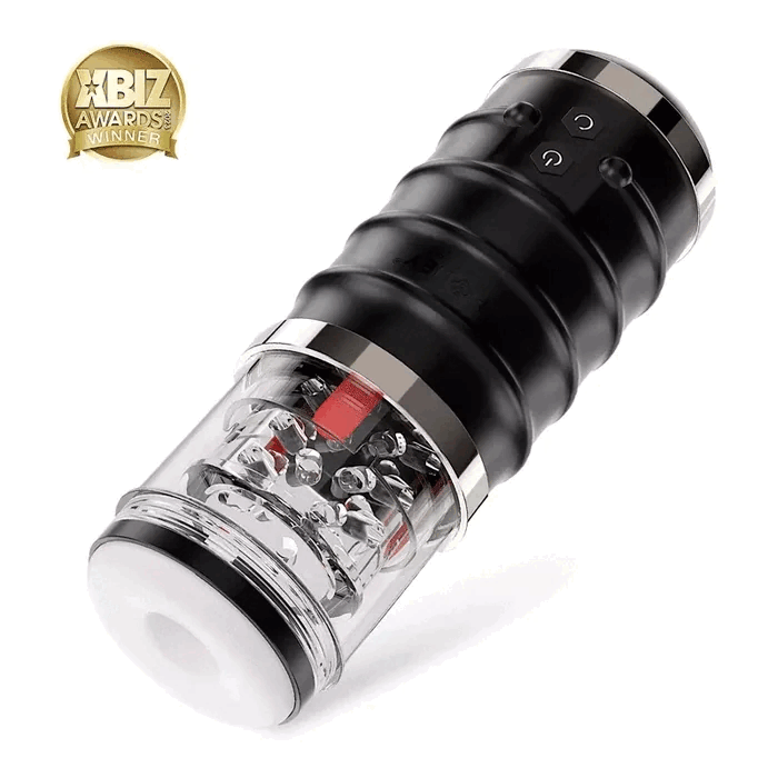 Black rechargeable silicone masturbator with automatic thrusting mechanism and control buttons.