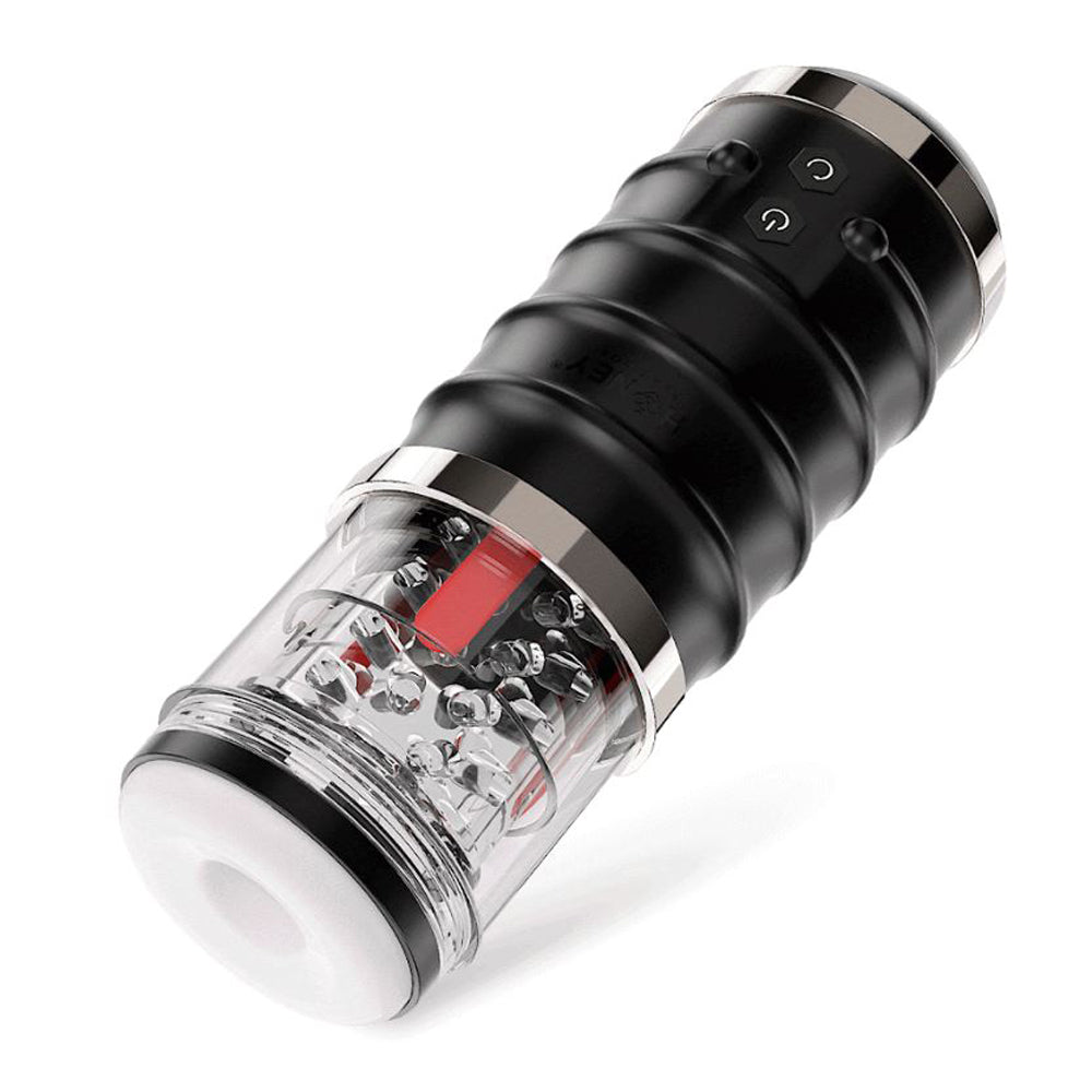 Automatic thrusting stroker with clear cylinder and black ribbed top.