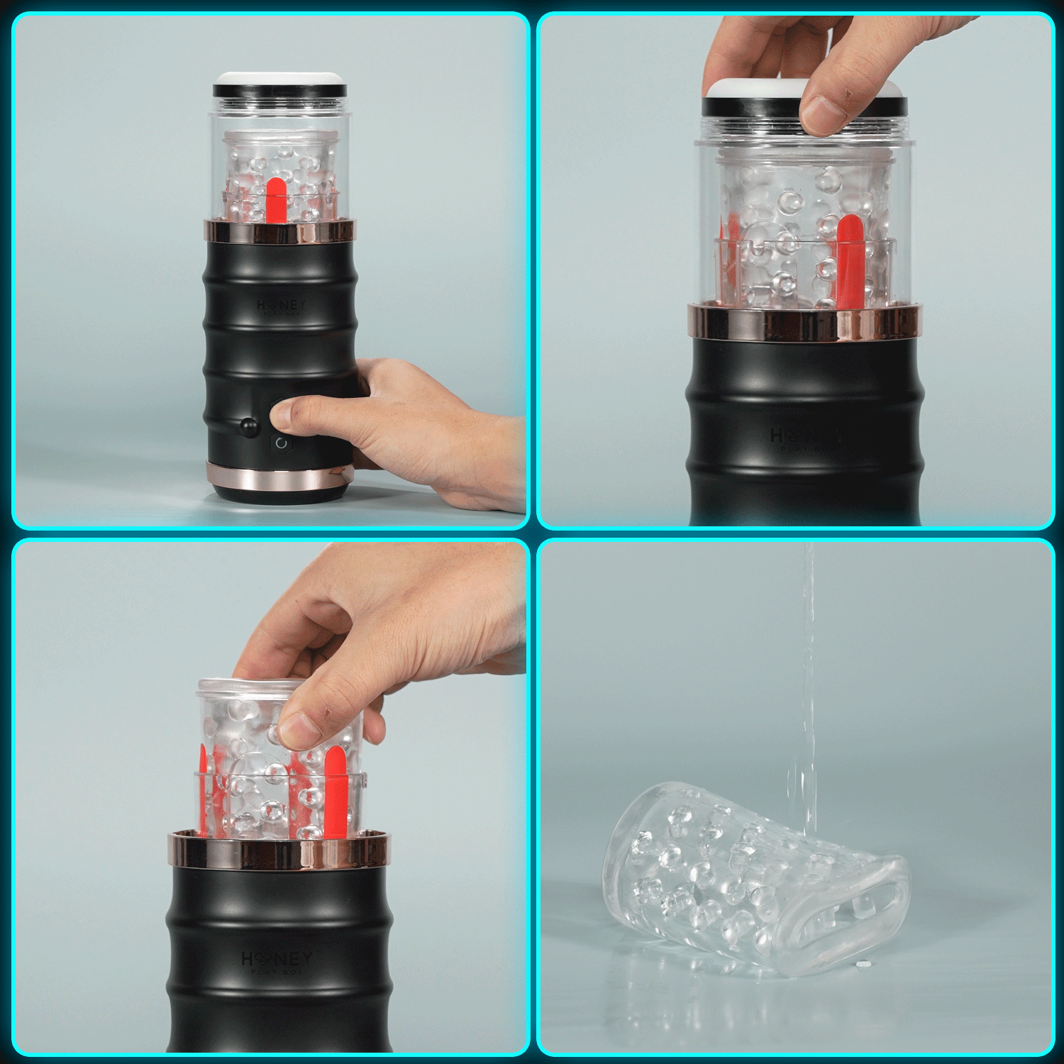 Collage of black rechargeable thrusting stroker showing assembly, use, and textured silicone sleeve.