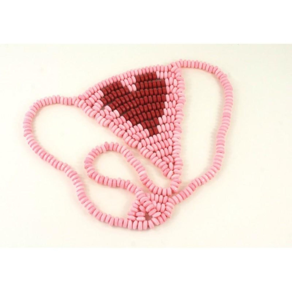 Pink candy g-string with a red candy heart design.