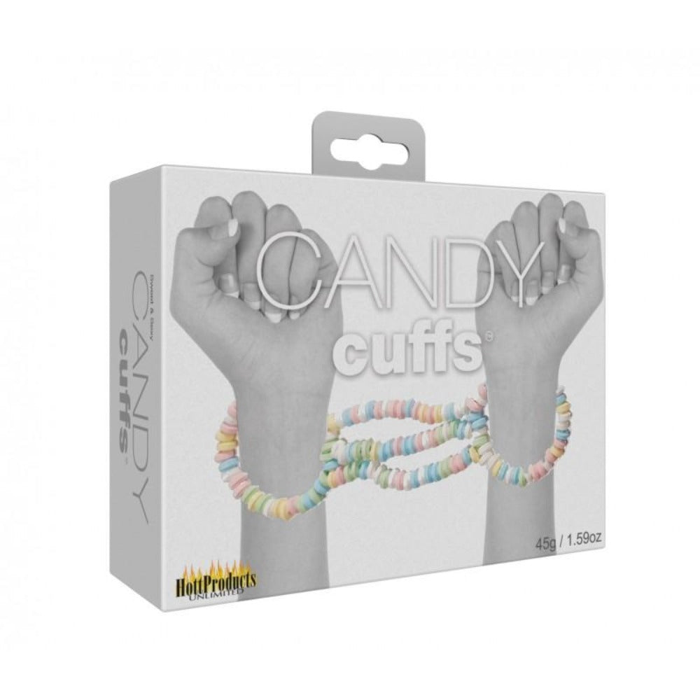 Edible candy handcuffs with multi-flavored candy beads connecting two wrists.