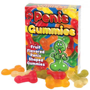 Fruit flavored penis shaped gummies in assorted colors.