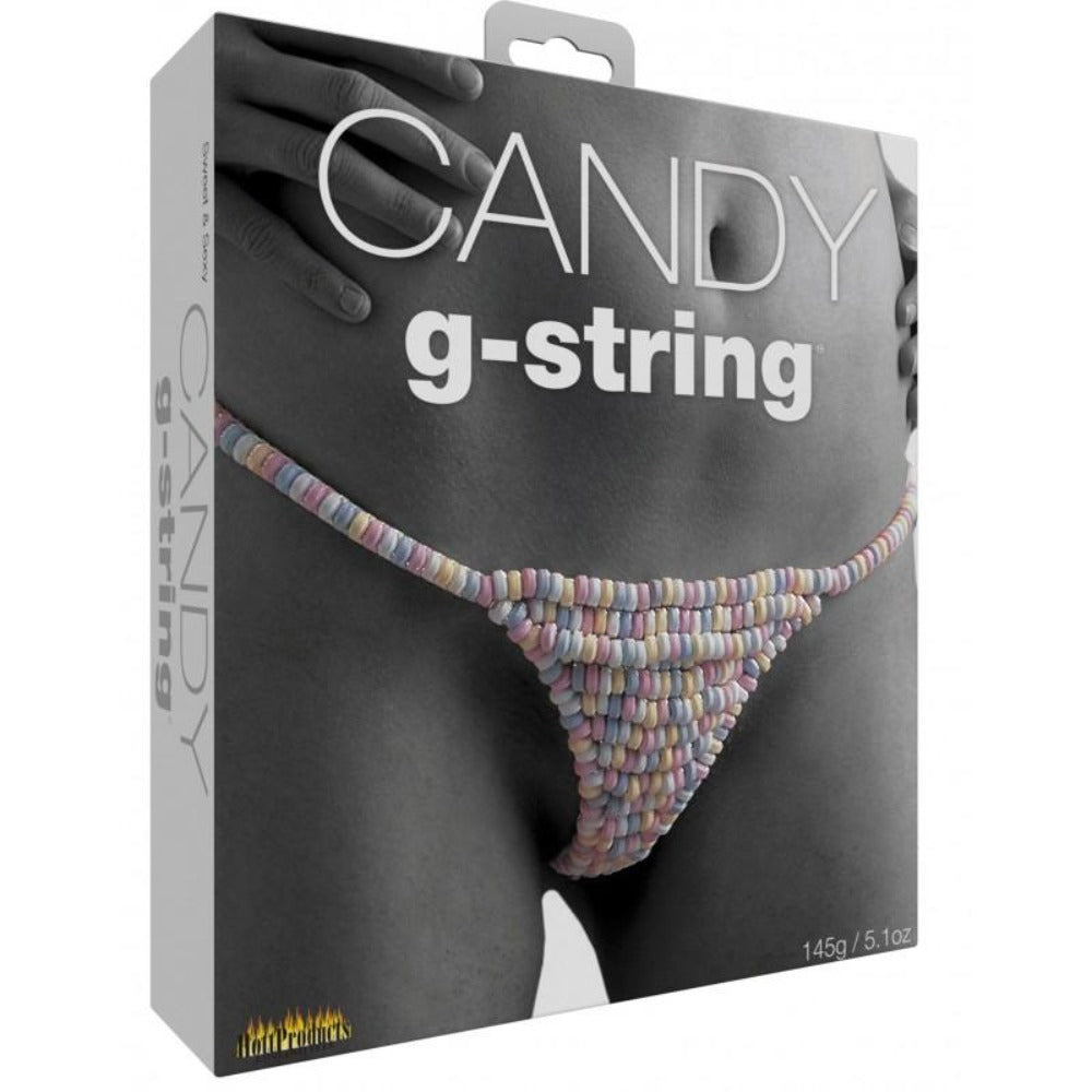 Edible candy g-string with multi-flavored candies.