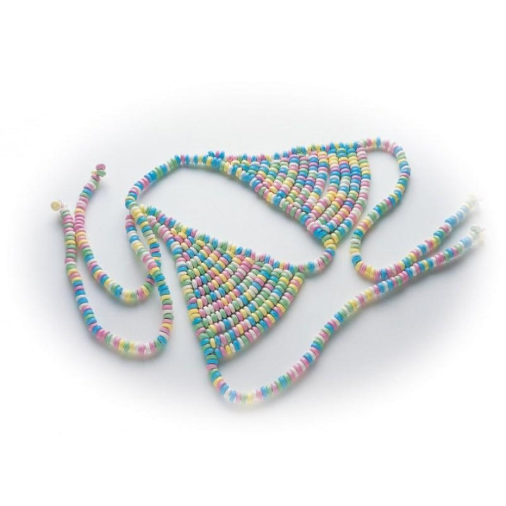 A bikini-style bra made of colorful candy beads.
