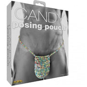 Edible candy posing pouch for men with multi-colored candy.
