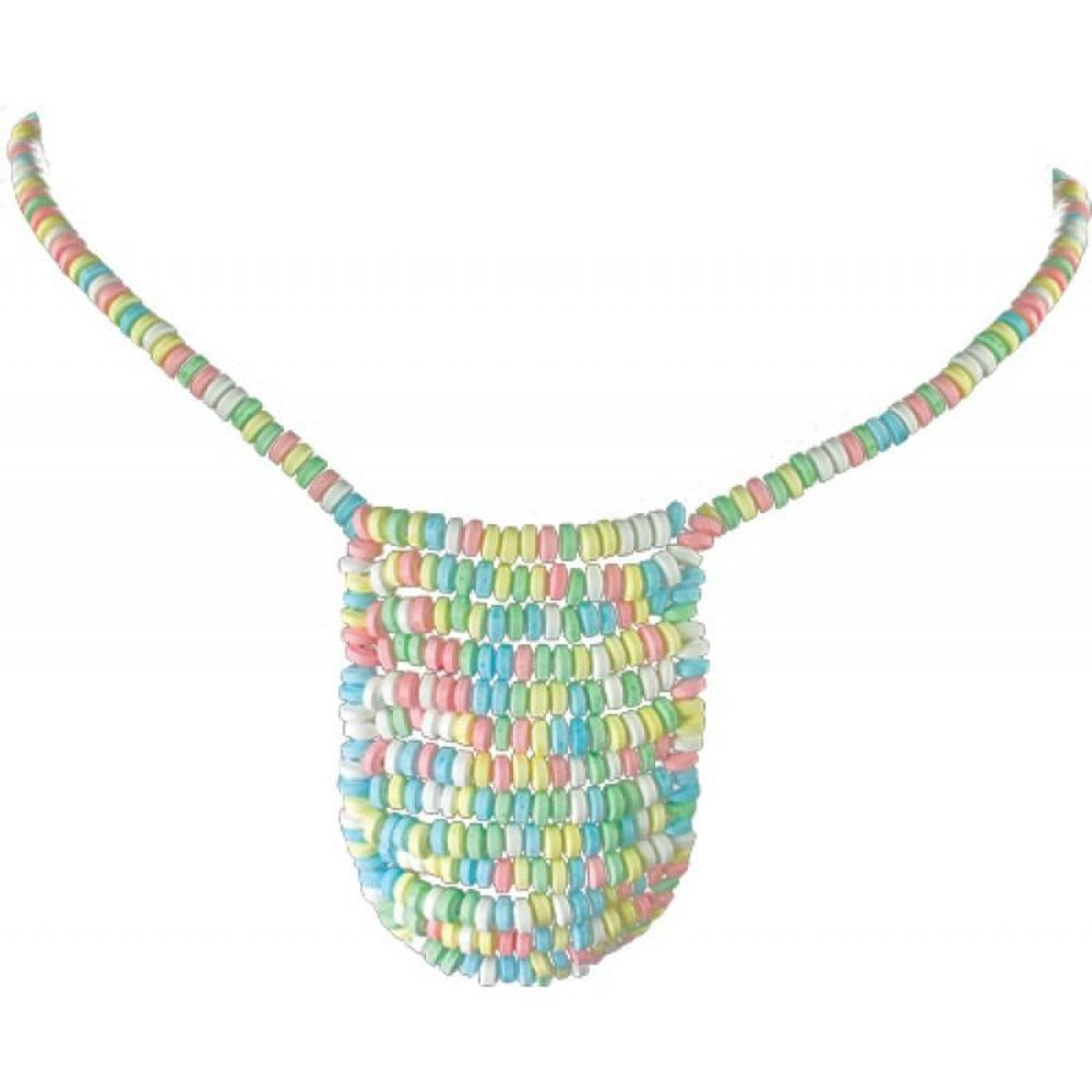 Multi-colored candy pouch necklace with a woven front.